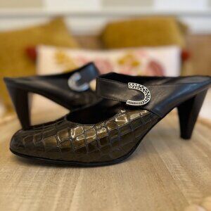 Brighton Olive Green Croc‎ Embossed Mary Jane Mules Size 10